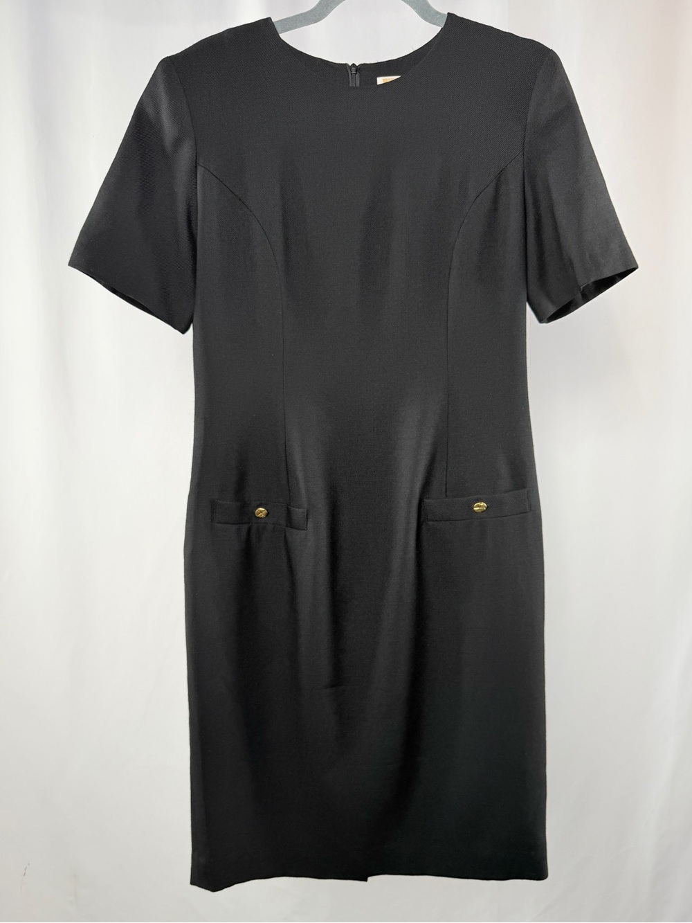 Vintage Brooks Brothers Wool Short Sleeve Sheath Dress with Gold Buttons Black 8